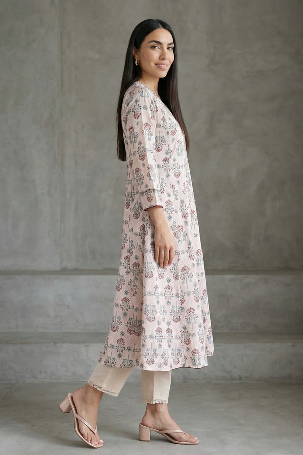 Light Pink Floral Printed Sequins Pure Cotton A-line Kurta
