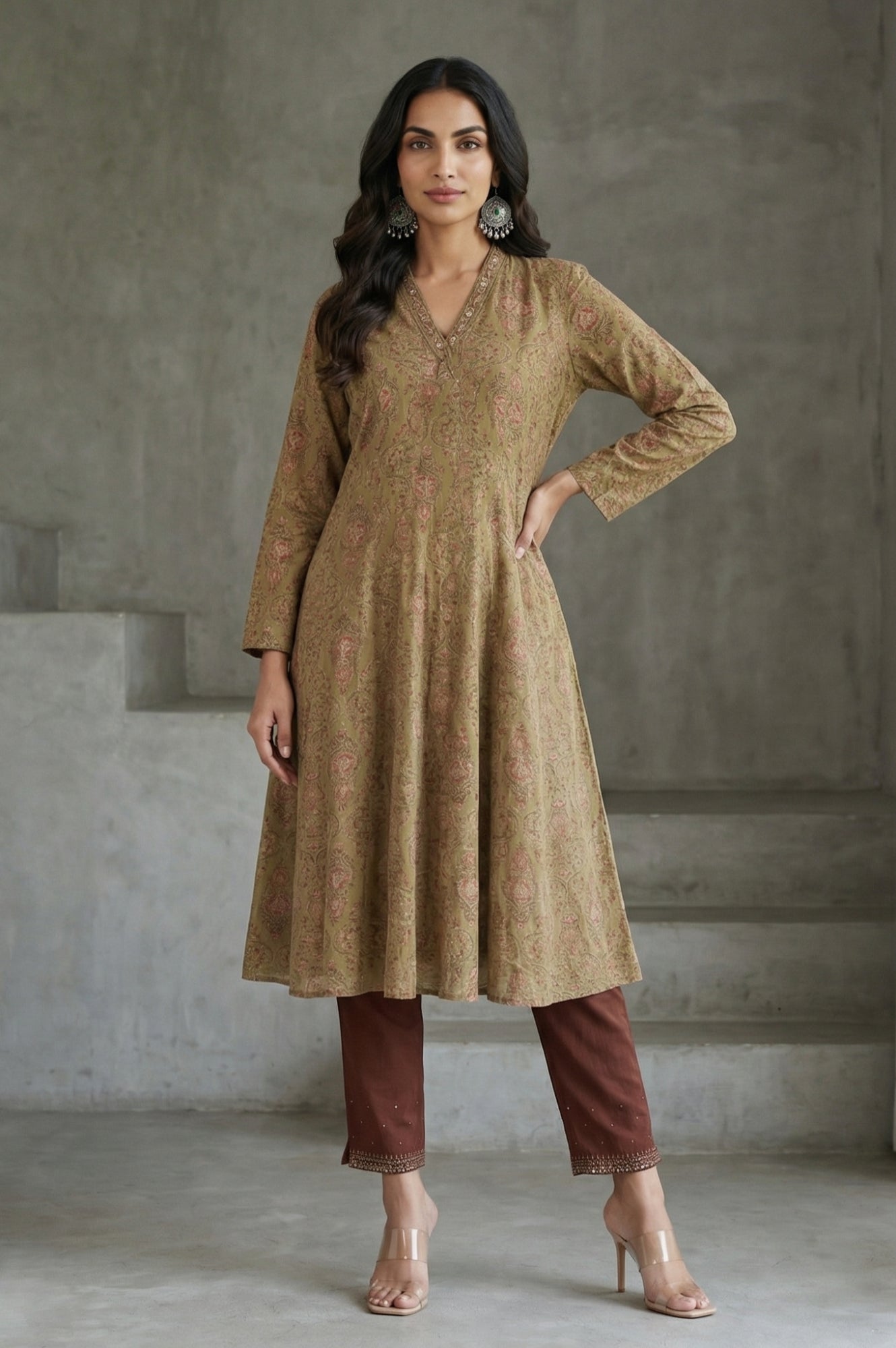 Green Block Printed Pure Cotton Flared Kurta