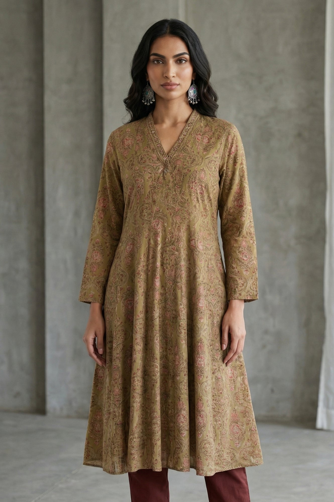 Green Block Printed Pure Cotton Flared Kurta
