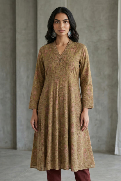 Green Block Printed Pure Cotton Flared Kurta