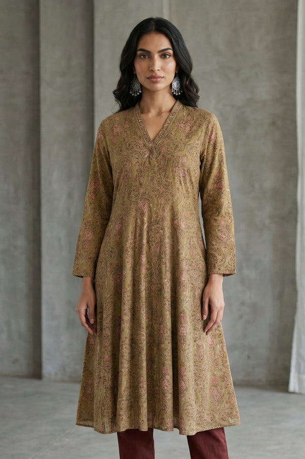 Green Block Printed Pure Cotton Flared Kurta