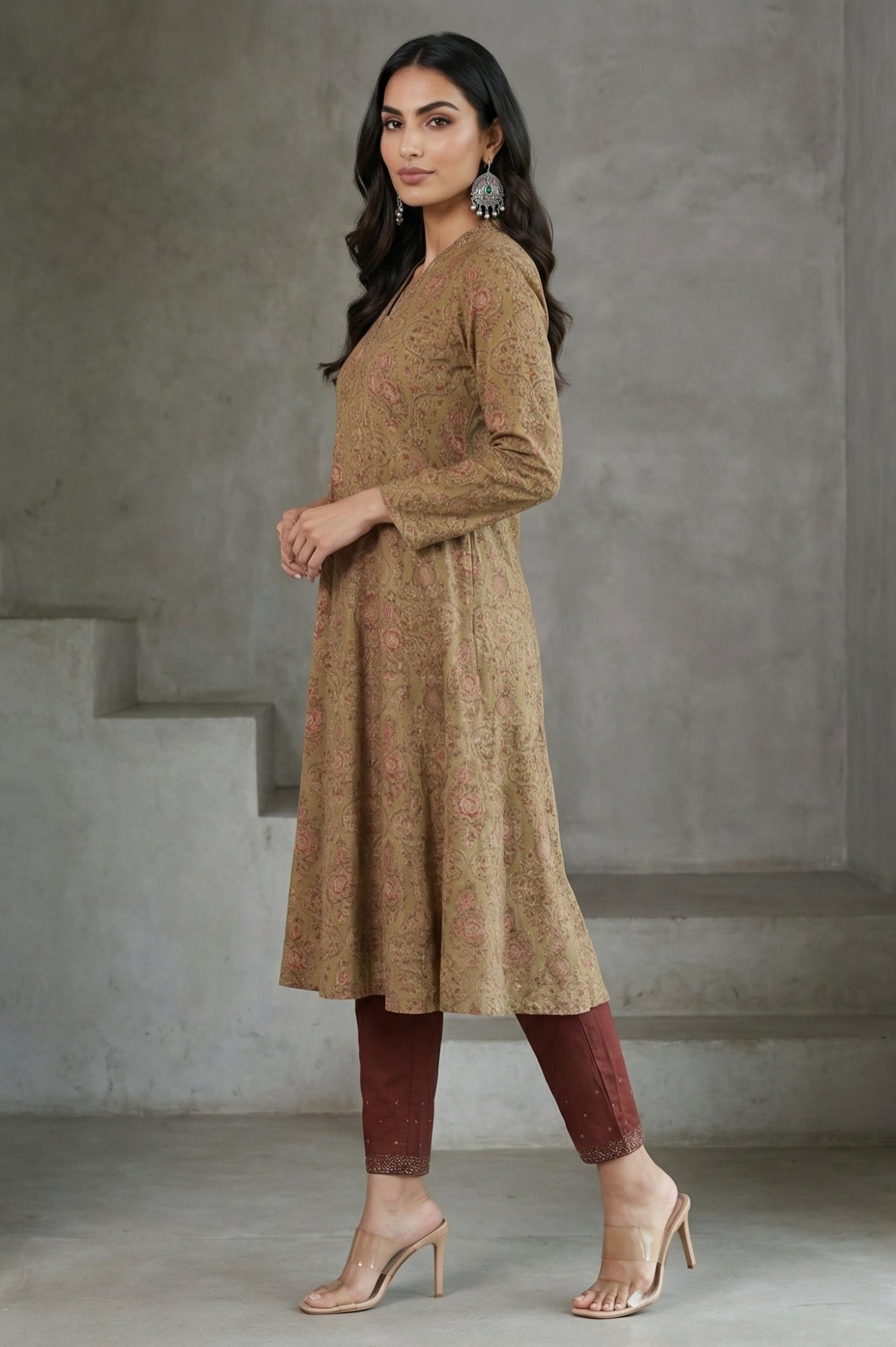 Green Block Printed Pure Cotton Flared Kurta