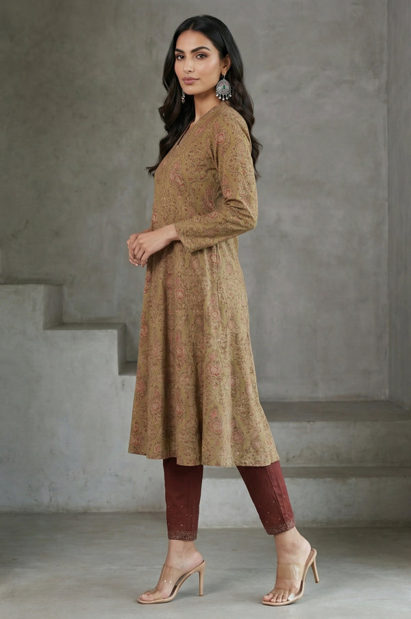 Green Block Printed Pure Cotton Flared Kurta