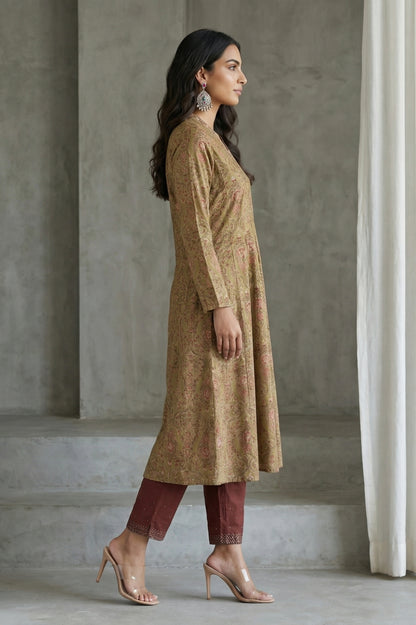 Green Block Printed Pure Cotton Flared Kurta