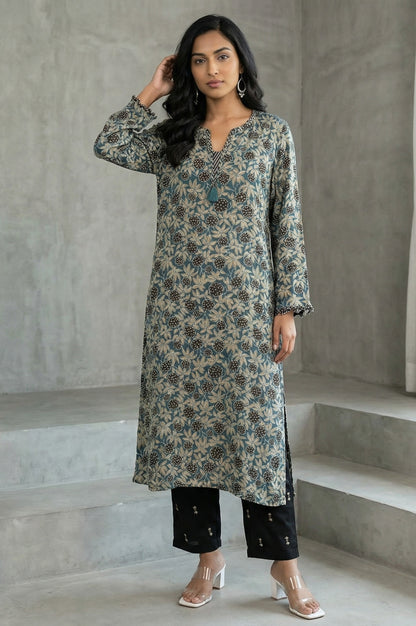 Teal Ajrak Printed Tassel Modal Satin Straight Kurta