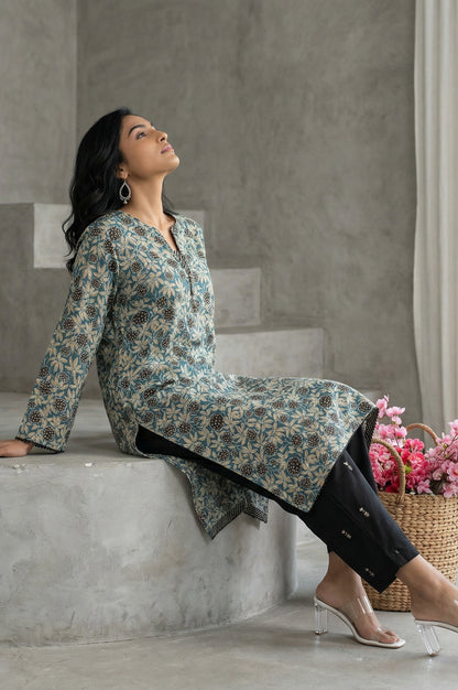 Teal Ajrak Printed Tassel Modal Satin Straight Kurta