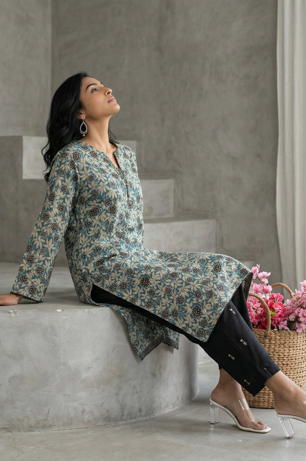 Teal Ajrak Printed Tassel Modal Satin Straight Kurta