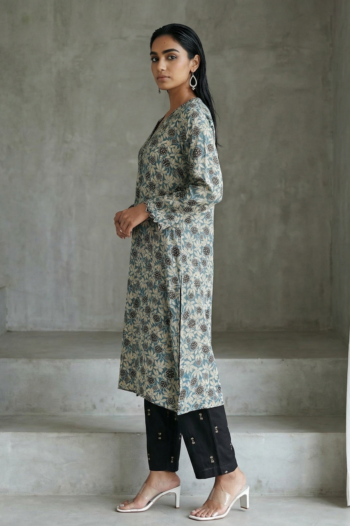 Teal Ajrak Printed Tassel Modal Satin Straight Kurta