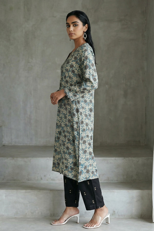Teal Ajrak Printed Tassel Modal Satin Straight Kurta