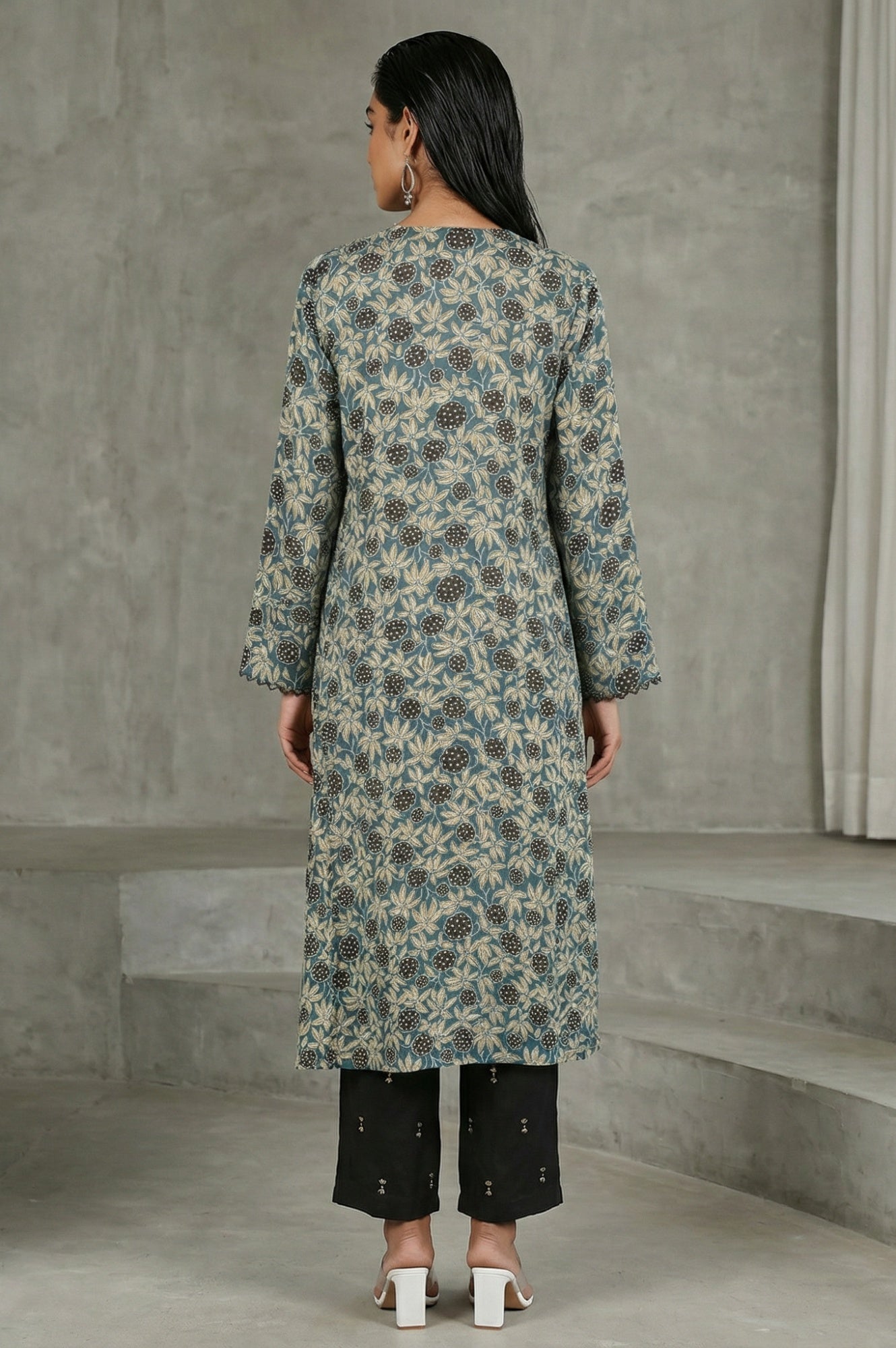 Teal Ajrak Printed Tassel Modal Satin Straight Kurta