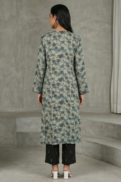 Teal Ajrak Printed Tassel Modal Satin Straight Kurta