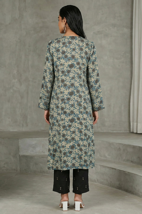 Teal Ajrak Printed Tassel Modal Satin Straight Kurta