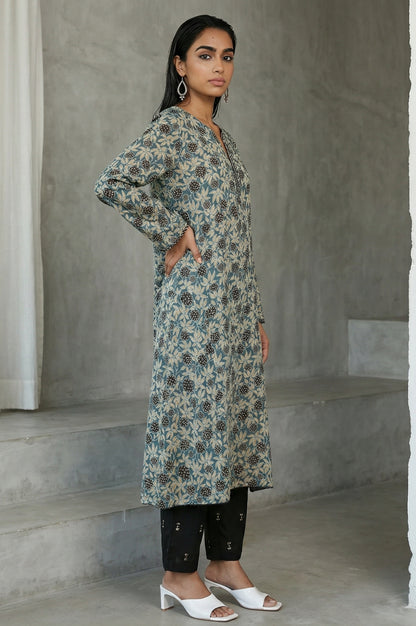 Teal Ajrak Printed Tassel Modal Satin Straight Kurta