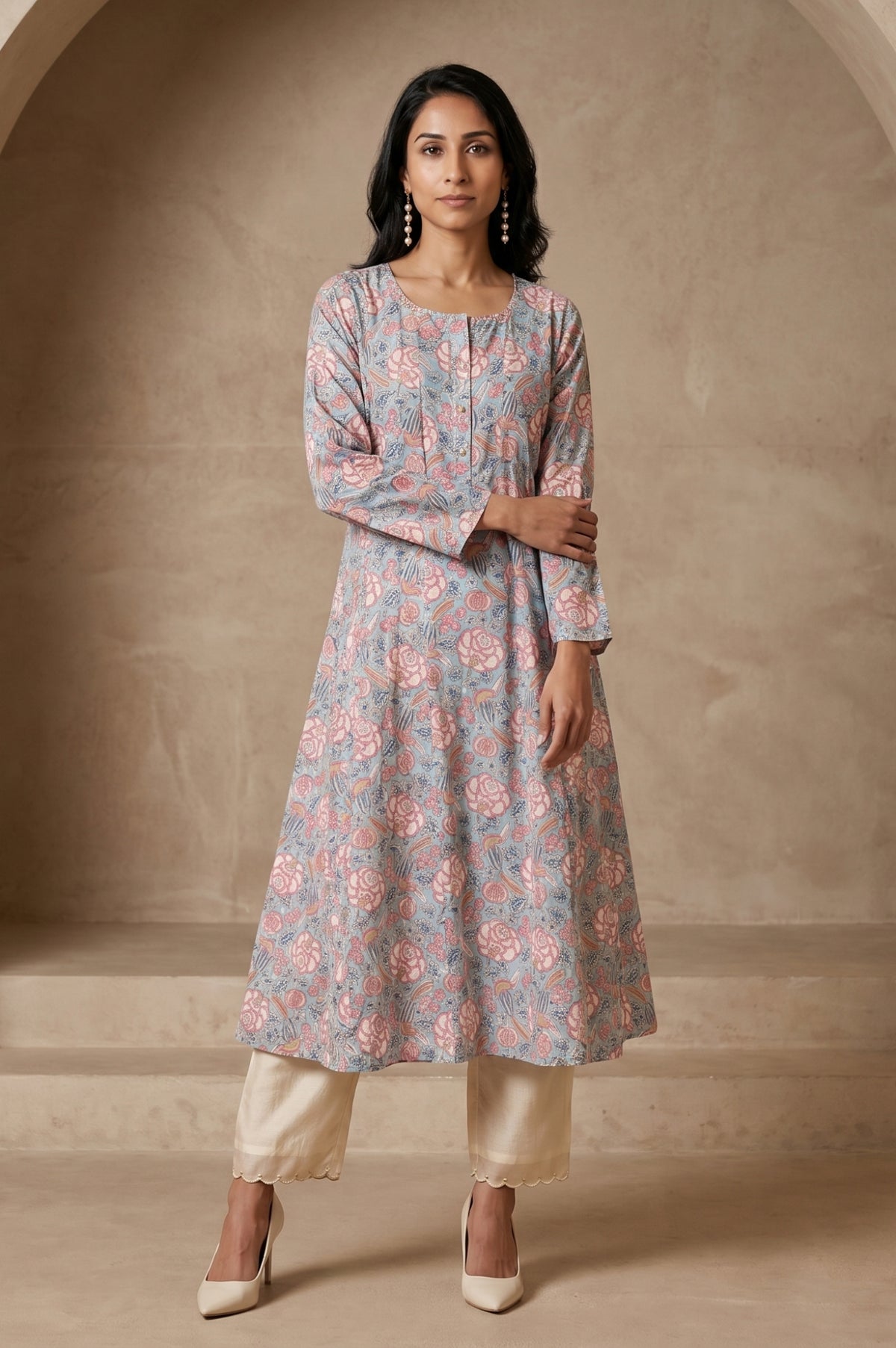 Folksong Women’s Blue Floral Printed Pure Cotton A-line Kurta - XS
