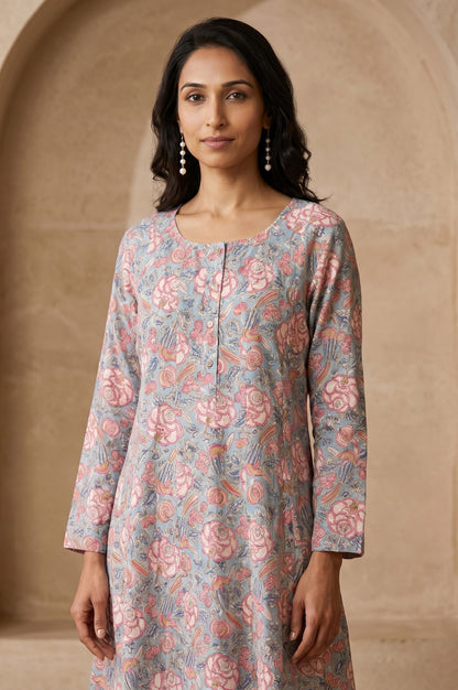 Folksong Women’s Blue Floral Printed Pure Cotton A-line Kurta