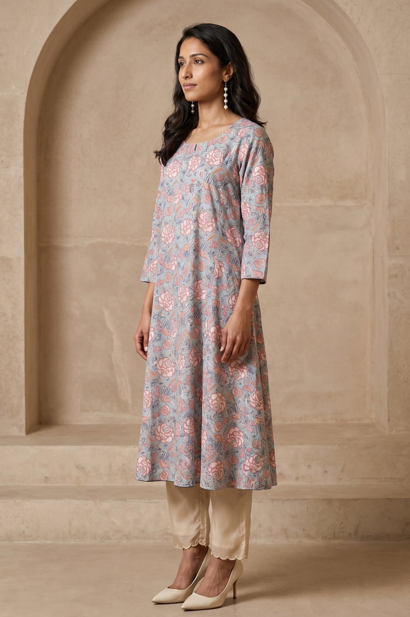 Folksong Women’s Blue Floral Printed Pure Cotton A-line Kurta