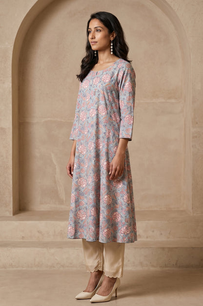 Folksong Women’s Blue Floral Printed Pure Cotton A-line Kurta