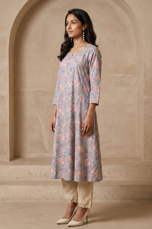Folksong Women’s Blue Floral Printed Pure Cotton A-line Kurta