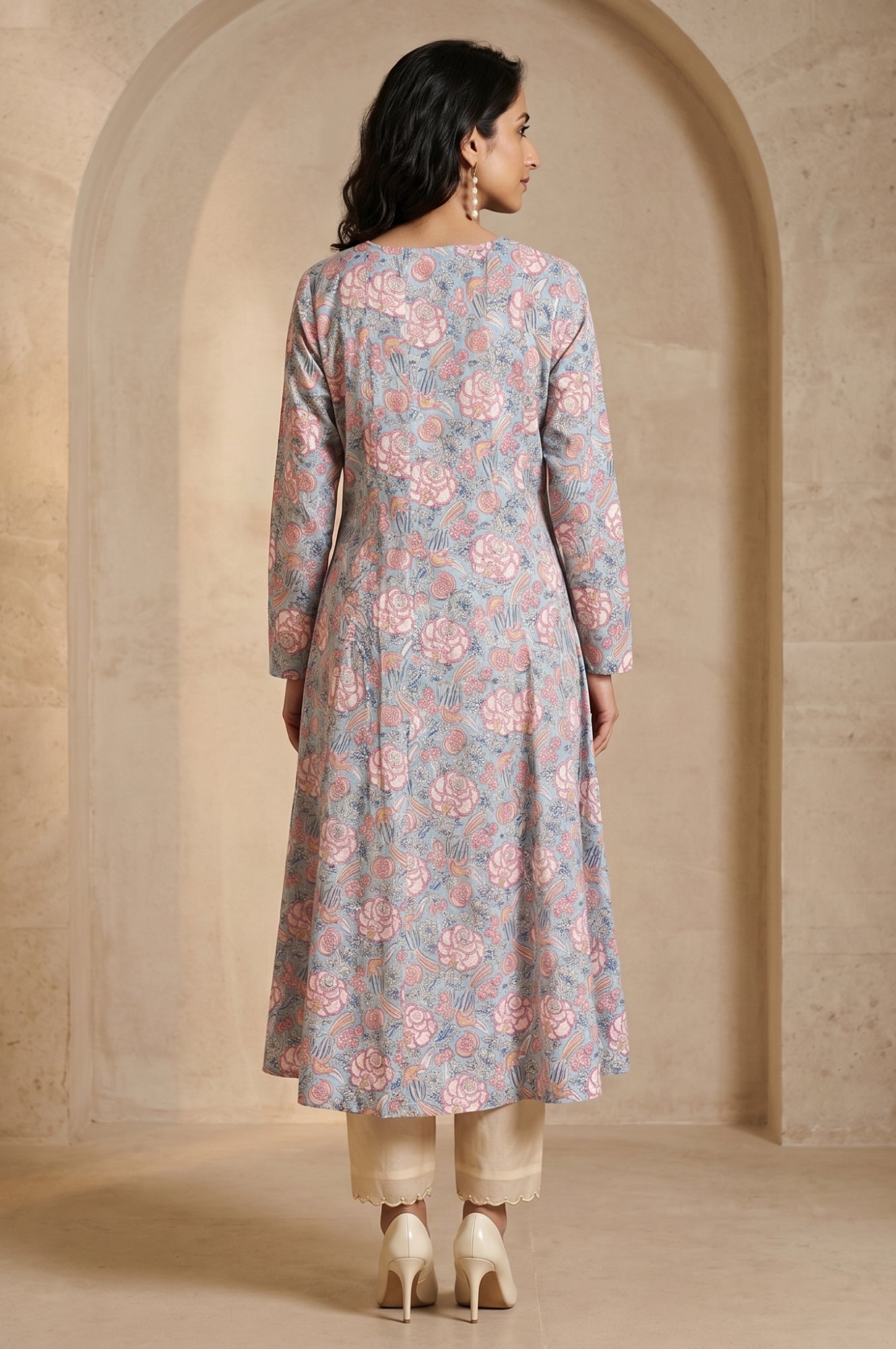 Folksong Women’s Blue Floral Printed Pure Cotton A-line Kurta