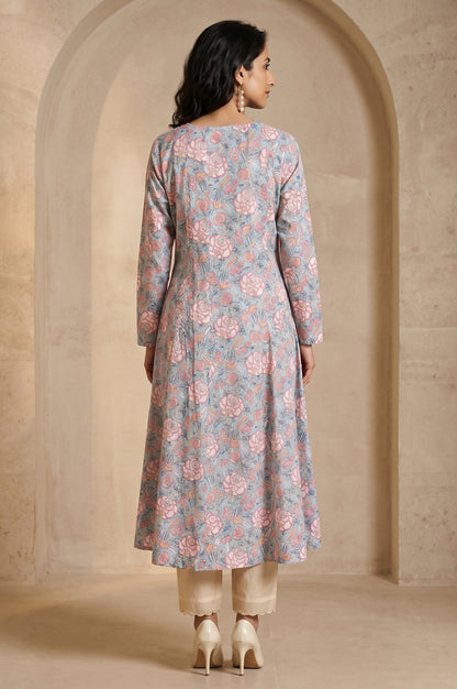 Folksong Women’s Blue Floral Printed Pure Cotton A-line Kurta