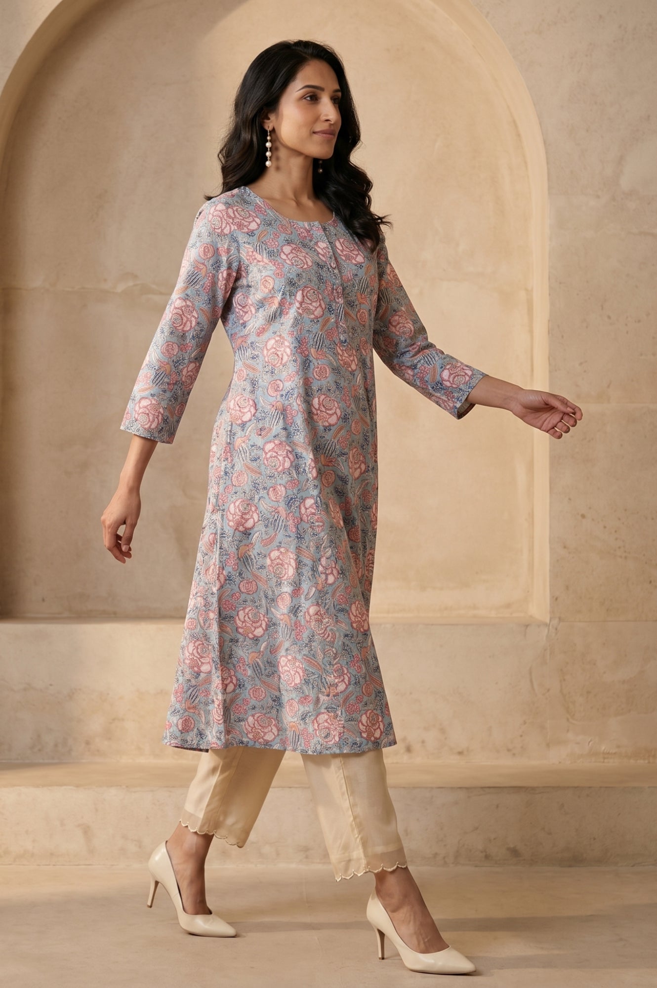 Folksong Women’s Blue Floral Printed Pure Cotton A-line Kurta