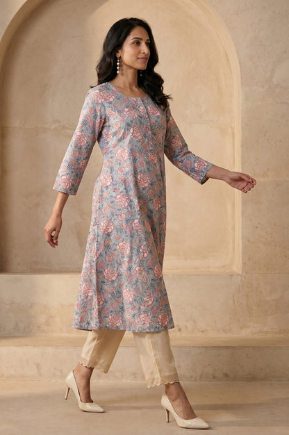 Folksong Women’s Blue Floral Printed Pure Cotton A-line Kurta