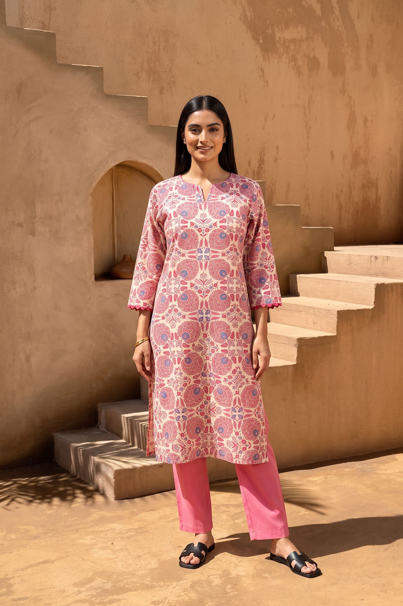 Pink Floral Printed Pure Cotton Straight Kurta
