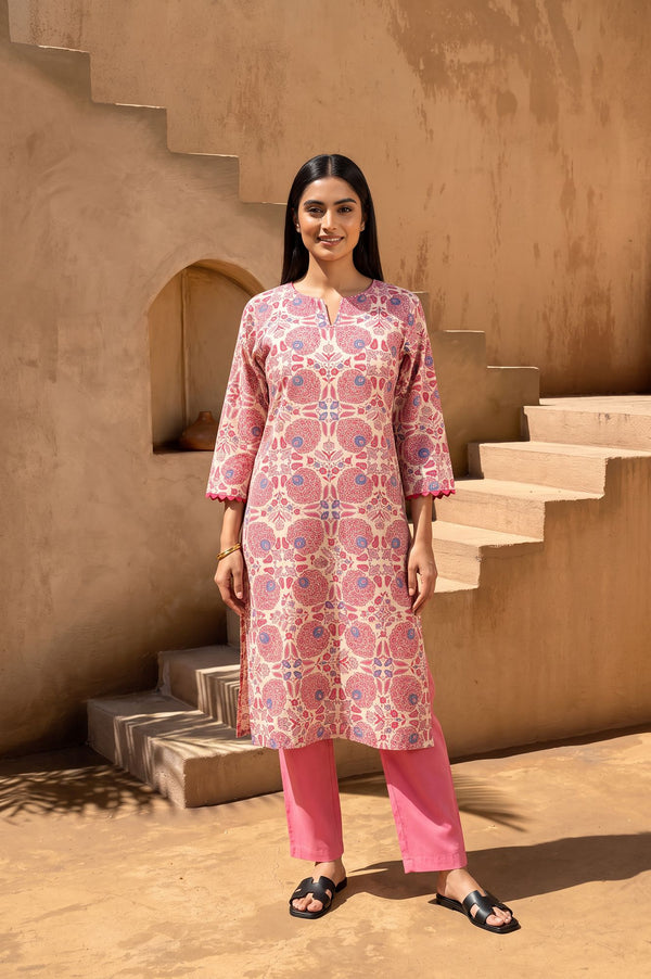 Pink Floral Printed Pure Cotton Straight Kurta
