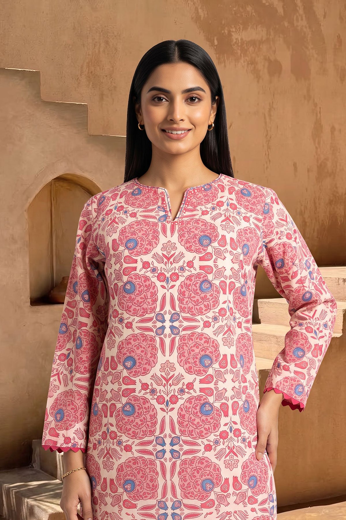 Pink Floral Printed Pure Cotton Straight Kurta