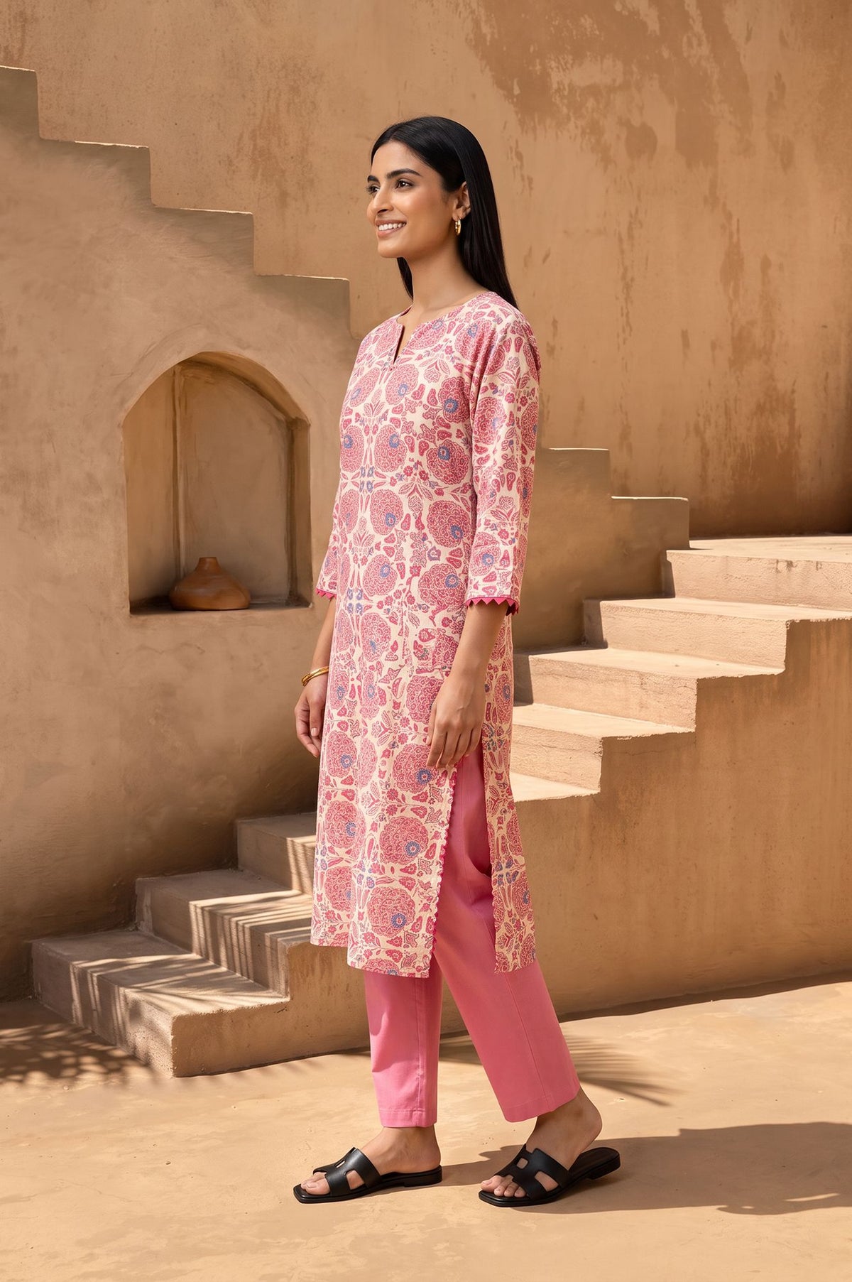 Pink Floral Printed Pure Cotton Straight Kurta