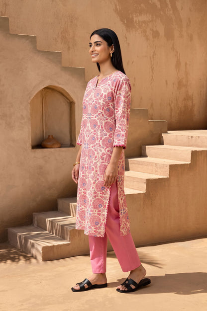 Pink Floral Printed Pure Cotton Straight Kurta