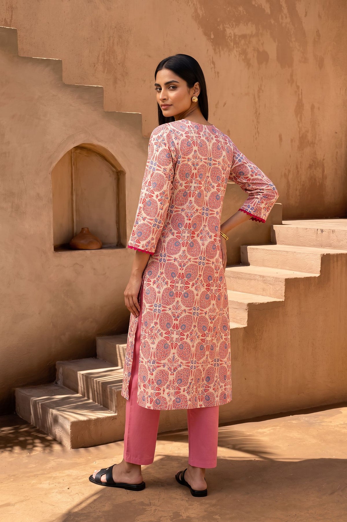 Pink Floral Printed Pure Cotton Straight Kurta