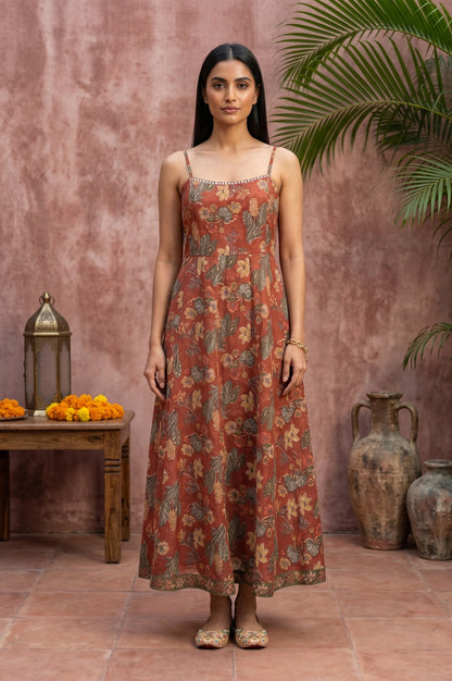 Rust Block Printed Pure Cotton Sleeveless A-line Dress