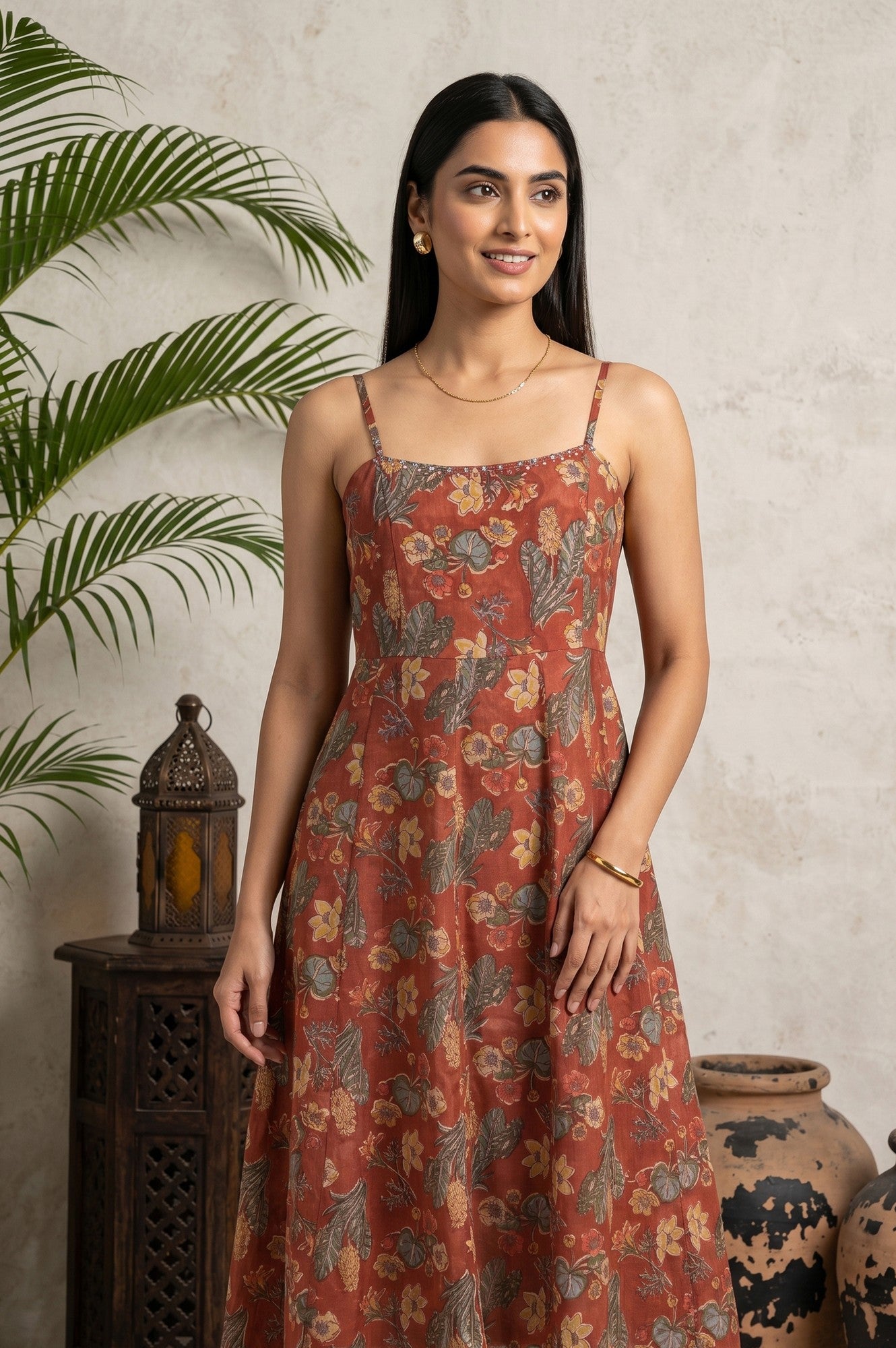 Rust Block Printed Pure Cotton Sleeveless A-line Dress
