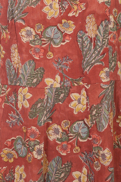 Rust Block Printed Pure Cotton Sleeveless A-line Dress