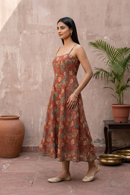 Rust Block Printed Pure Cotton Sleeveless A-line Dress