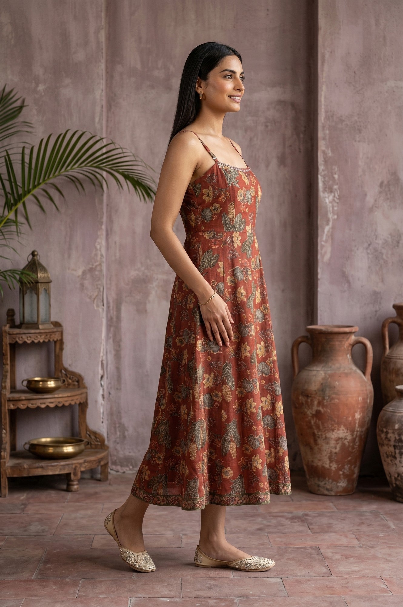 Rust Block Printed Pure Cotton Sleeveless A-line Dress
