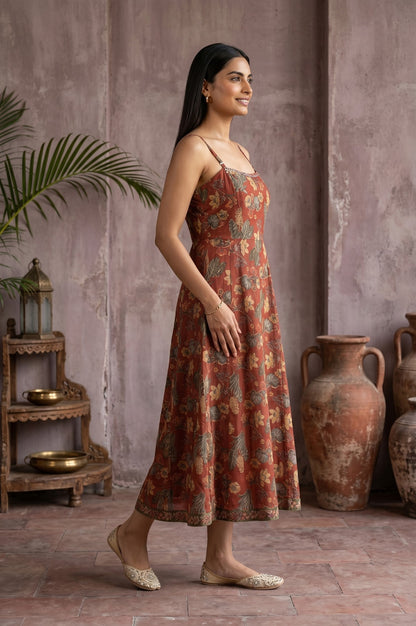 Rust Block Printed Pure Cotton Sleeveless A-line Dress