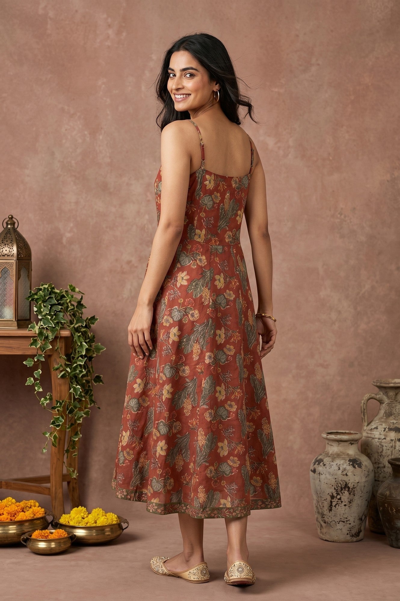 Rust Block Printed Pure Cotton Sleeveless A-line Dress