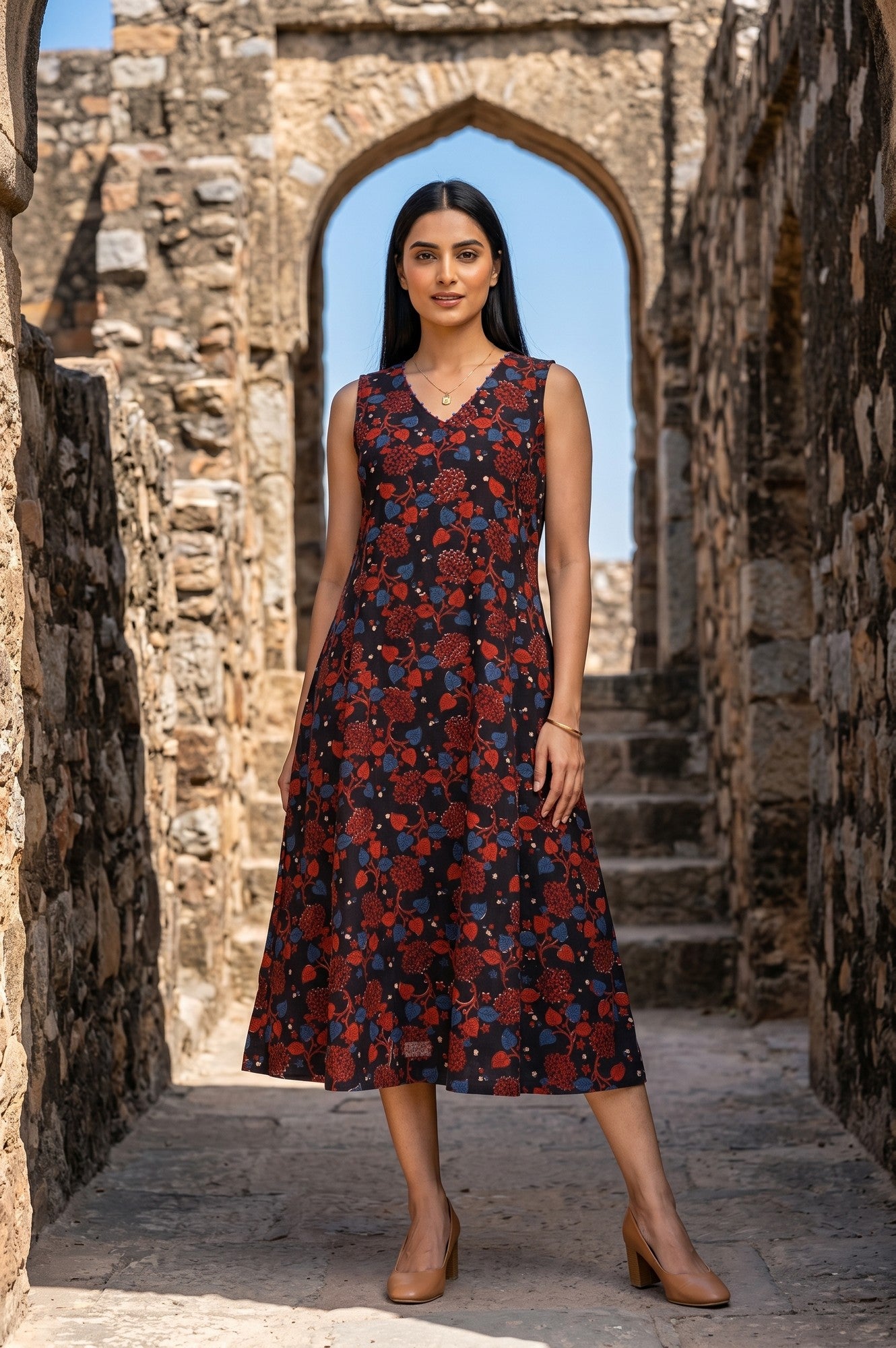 Black Block Printed Pure Cotton Sleeveless A-line Dress