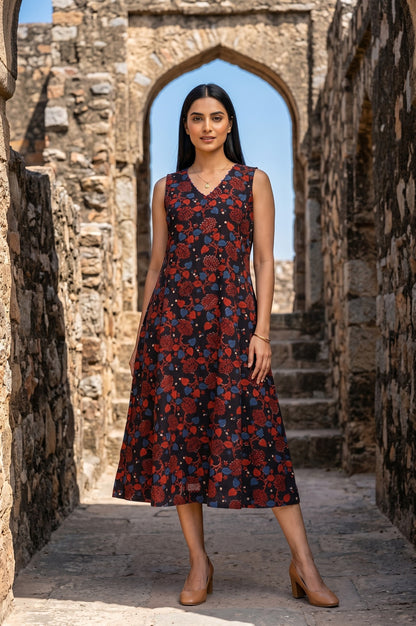 Black Block Printed Pure Cotton Sleeveless A-line Dress