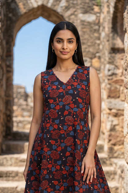 Black Block Printed Pure Cotton Sleeveless A-line Dress