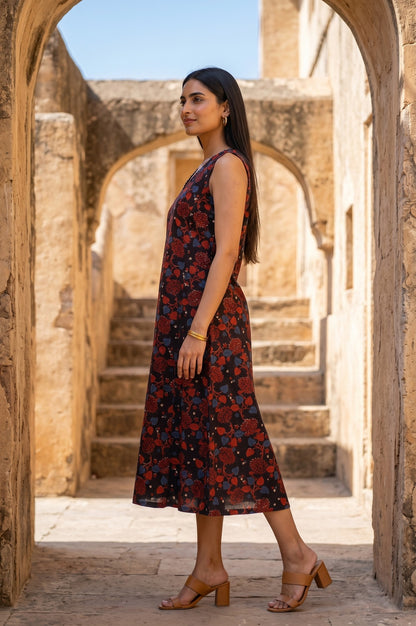 Black Block Printed Pure Cotton Sleeveless A-line Dress