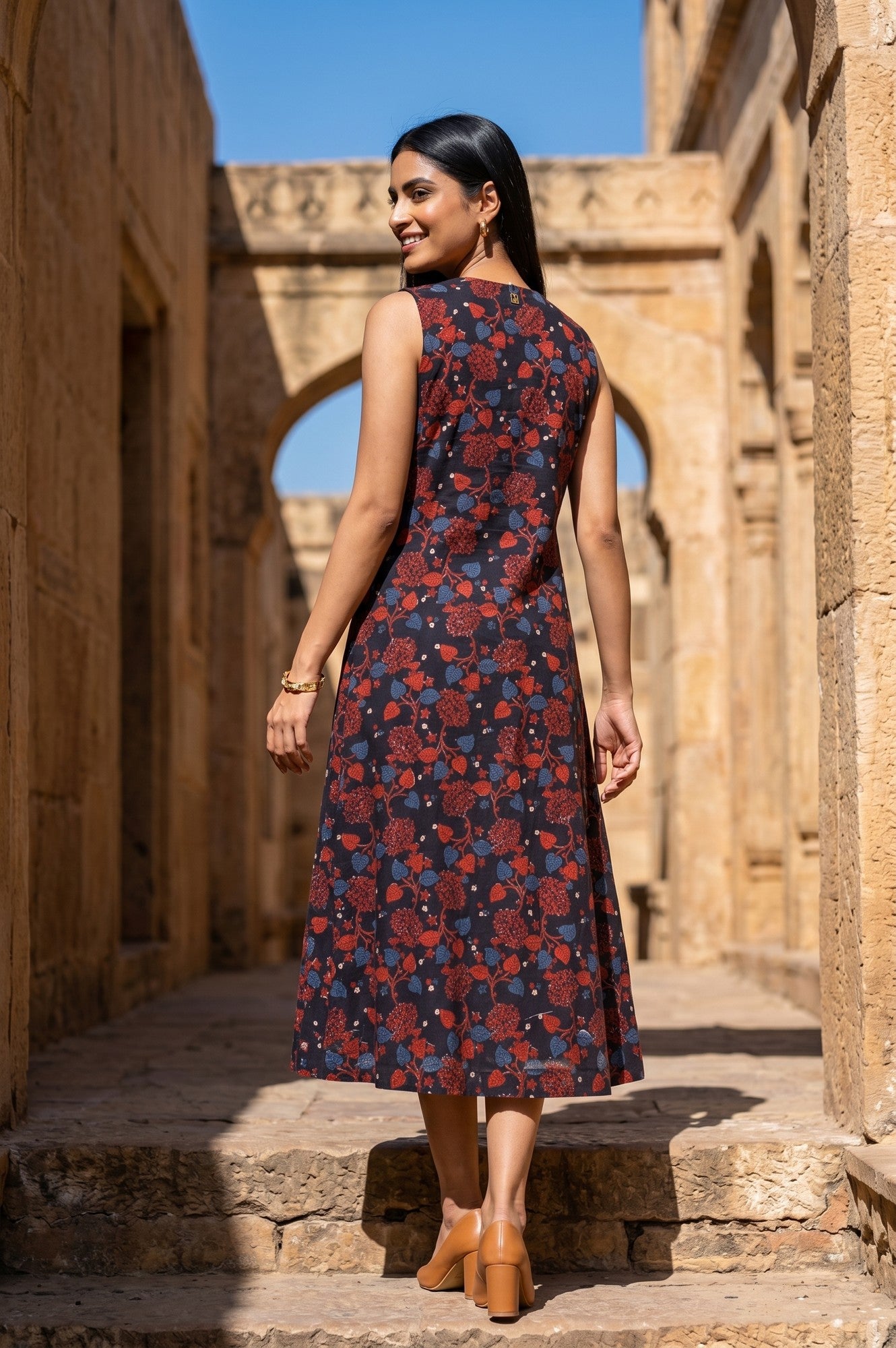 Black Block Printed Pure Cotton Sleeveless A-line Dress
