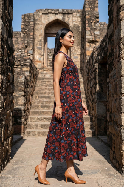 Black Block Printed Pure Cotton Sleeveless A-line Dress