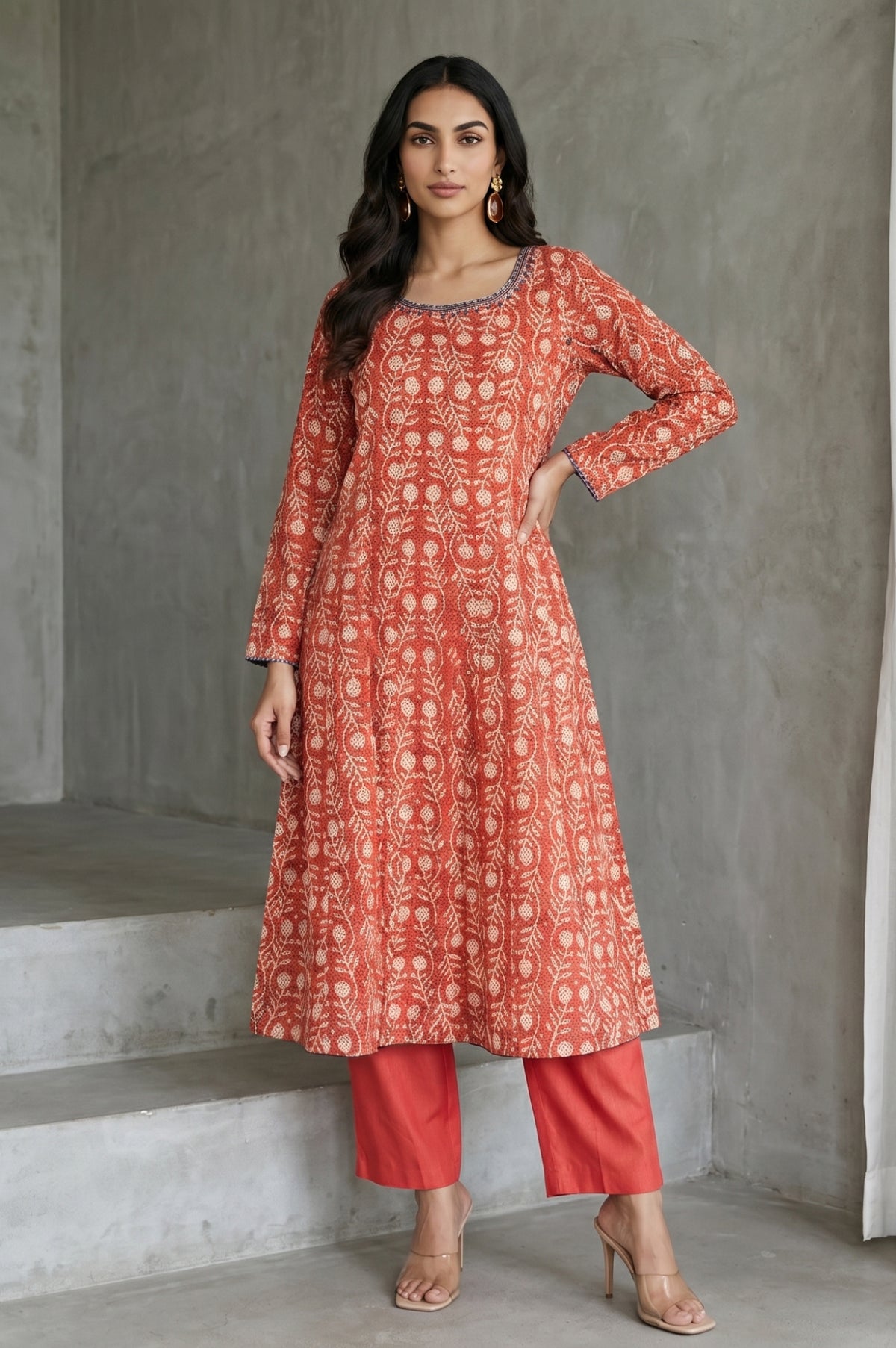 Rust Floral Printed Embroidered Pure Cotton A-line Kurta - XS