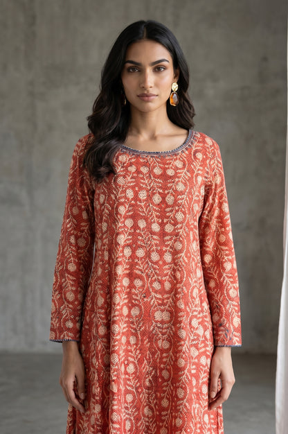 Rust Floral Printed Embroidered Pure Cotton A-line Kurta