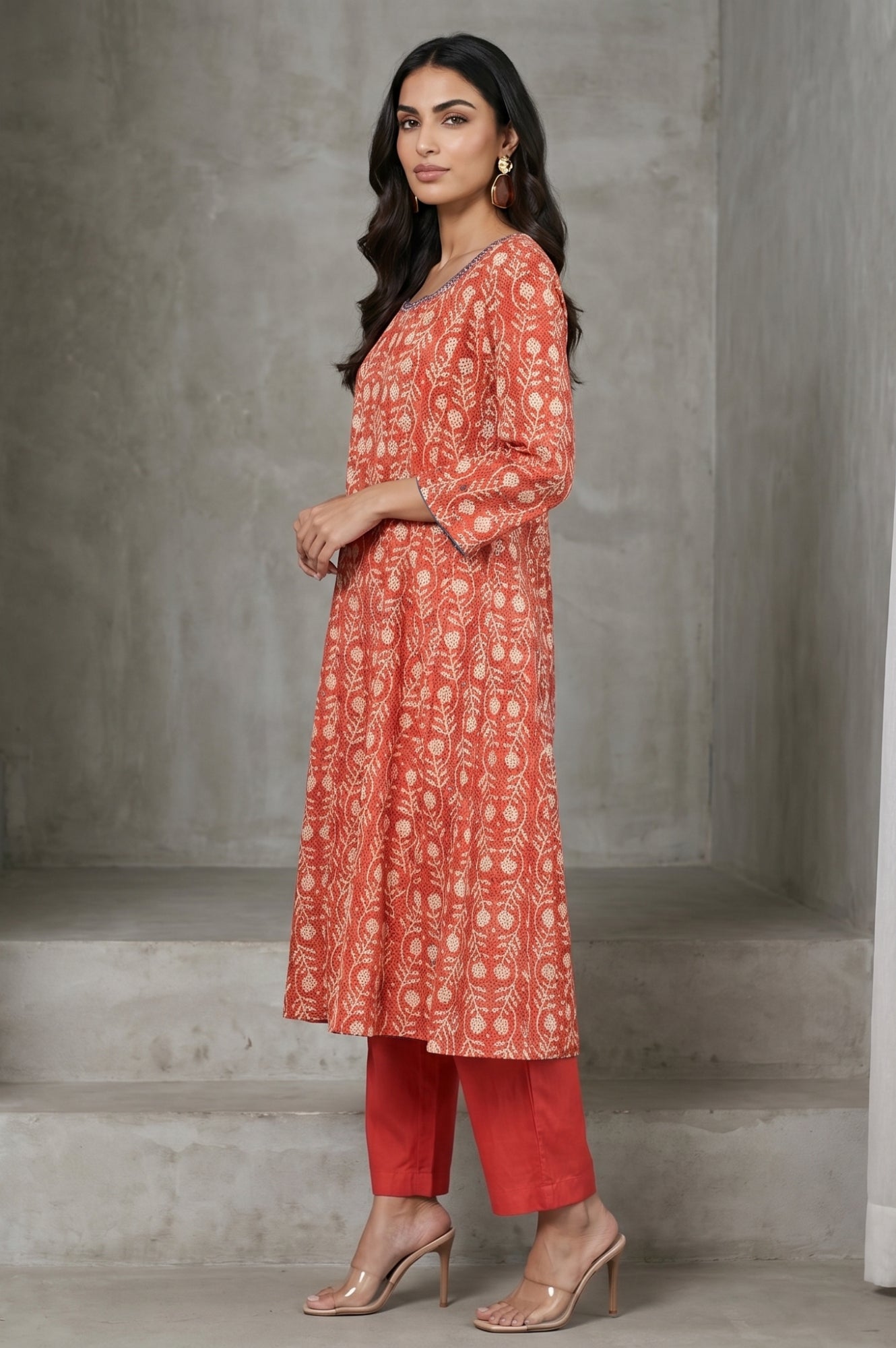 Rust Floral Printed Embroidered Pure Cotton A-line Kurta