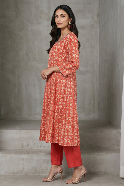 Rust Floral Printed Embroidered Pure Cotton A-line Kurta