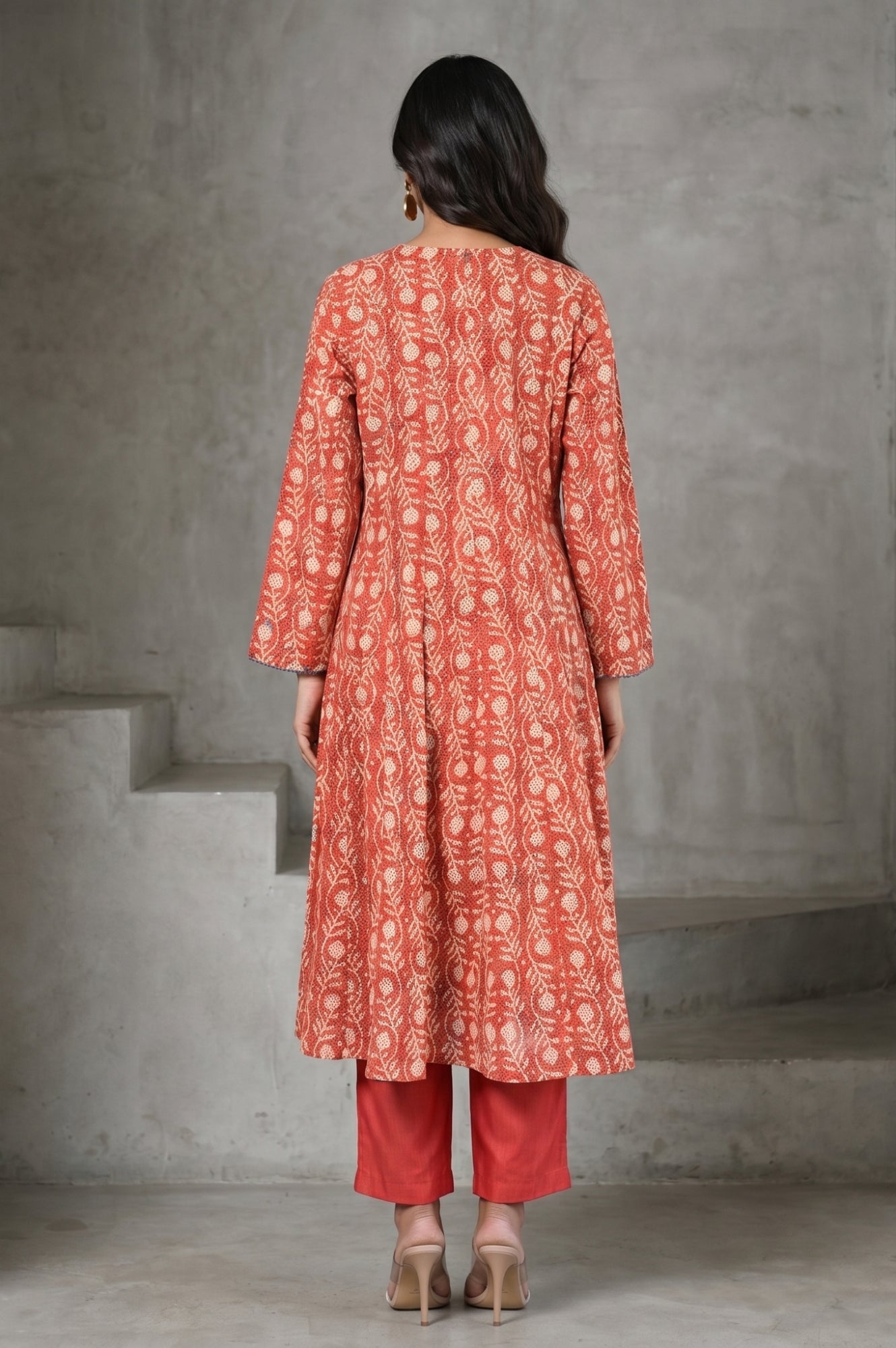 Rust Floral Printed Embroidered Pure Cotton A-line Kurta